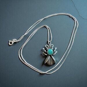 Vintage Sterling Silver Turquoise Handmade Beetle Bug Bee Pendant Necklace